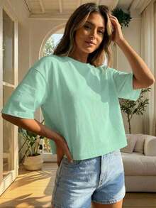 Blusa de mujer de cuello redondo, manga corta, holgada y casual, de estilo minimalista, elegante y sexy Y2K, adecuada para uso diario, oficina, hogar, exterior, primavera/verano - verde menta - Ver 5