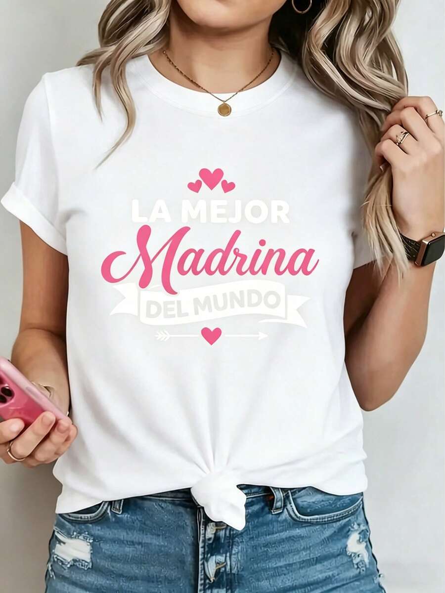 Diseñada para mujeres modernas, elegantes y cómodas [Oferta Especial de Vacaciones]Camiseta de Cuello Redondo para Mujer con Estampado "La Mejor Madrina Del Mundo" para el Día de la Madre, i