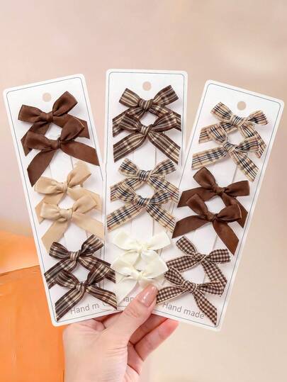 24/12pcs Set Maillard Color Plaid Bow Hair Clips, Collegiate Style Bow Hair Accessories, Soft Milk Tea Color Bangs Clips - Suitable For Girls And Girl, Fit For Daily, School, Vacation, Party, Outdoor Sports, Create A Sweet Kawaii Cute Look