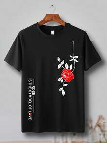 Rose Print Tee Shirt, Tees For Men, Casual Short Sleeve T-Shirt For Summer - 黑色 - 查看 2