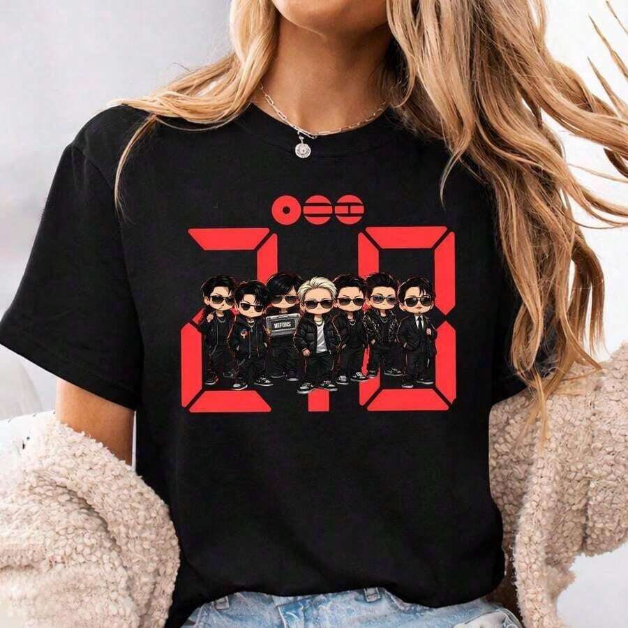Blusas Bonito Camiseta unisex, Camiseta 2. 0 Arirang, Camiseta con gráfico del grupo Chibi lindo de la gira de 2026, Mercancía inspirada en fans, ropa de mujer, blusas casuales para mujer, camisas para mujer, blusas para mujer, camisas,Lightweight, Breathable Fabric,Pretty Style, Summer Outfit,Cool , School & Daily,blusas para mujer,,playeras 100% Cotton Blusas Para Mujer Casual - Negro - Ver 1
