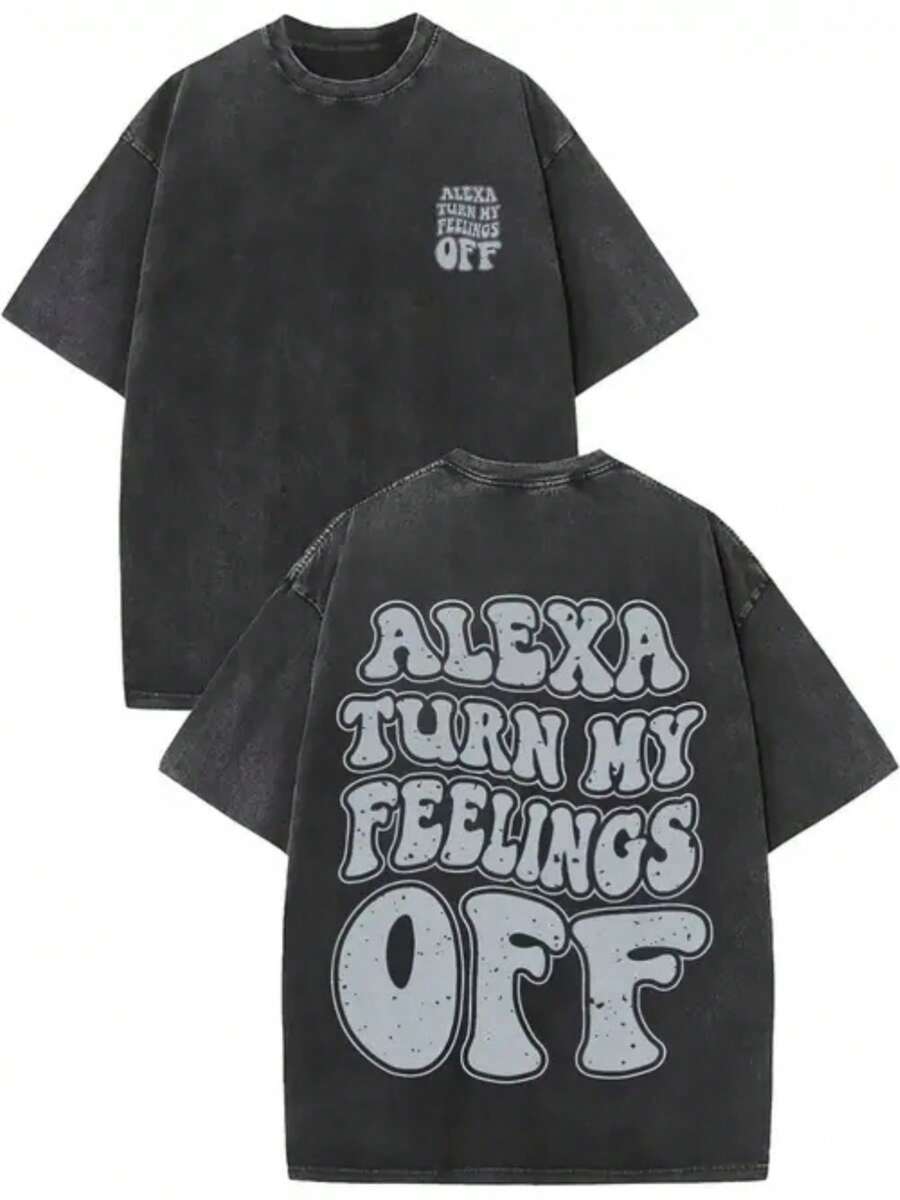 Camiseta de algodón vintage lavada para hombre, con el divertido estampado tecnológico "Alexa, apaga mis sentimientos" - corte holgado informal, cuello redondo, manga corta, ideal como regalo para propietarios de altavoces en Pascua, Halloween o el Día de Acción de Gracias. - Negro - Ver 1