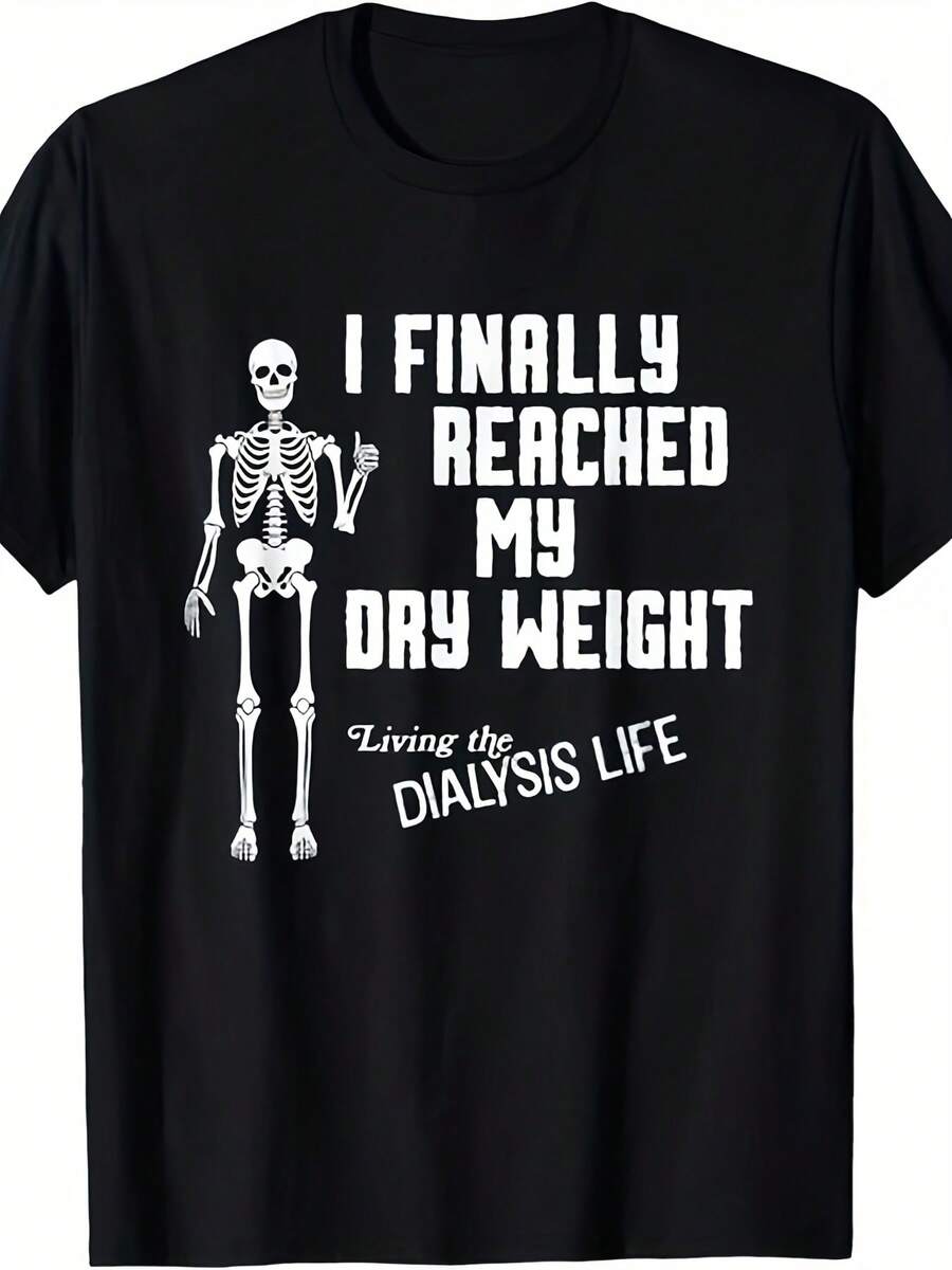 Funny Dialysis T-Shirt With Humor - Slogan "I Finally Reached My Dry Weight", Unisex Casual T-Shirt For Dialysis Patients And Caregivers, Gym, Streetwear, Casual Wear, Machine Washable, Retro Crew Neck Style - 黑色 - 查看 1