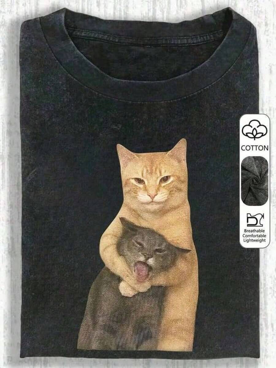 Camisetas estilo anime, 1 pieza, camiseta de manga corta con estampado de gato interesante, diseño único de edición limitada, top para mujer, camiseta de algodón lavado, ropa casual para mujer, tela con patrón de copo de nieve, corte regular, top casual cómodo con cuello redondo, camiseta vintage desgastada, ropa casual de corte regular para mujer, ropa de primavera/verano, 210 g, 100% algodón, todos los patrones están impresos. Unisexo. ,Camisetas con diseños gráficos para niños pequeños, Camisa de manga corta para hombre,aptas para el uso diario,Camisa de mujer,Camiseta de apoyo al Mundial,Camisetas con temática de primavera 2026 - Negro - Ver 1