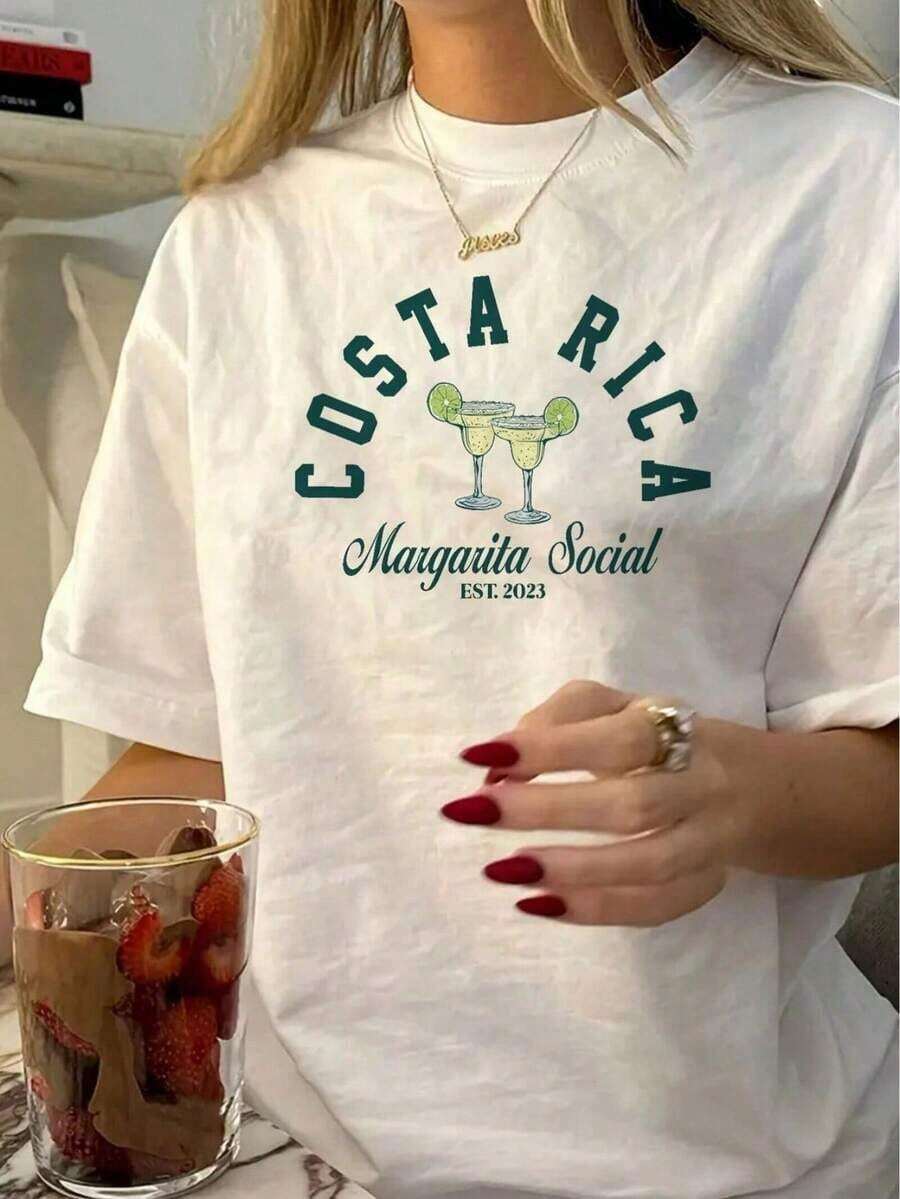 Camiseta de mujerCamiseta blanca de mujer con letras " Rica", copas de margarita con rodajas de limón, diseño en transferencia térmica, blusa casual frescaCómoda y ligera - Blanco - Ver 1
