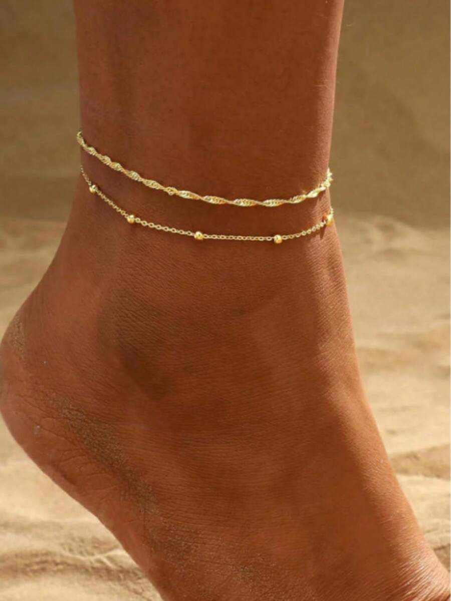 2pcs/Set Cuban Link Style Anklet And Bracelet Set, Waterproof Lightweight Summer Jewelry Gift - Gold - View 1