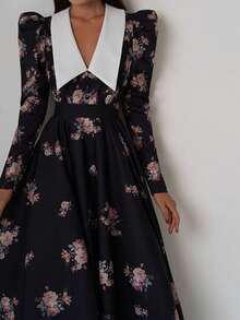 Vestido largo estampado vintage primavera 2026, cintura ajustada y corte amplio elegante - Negro - Ver 4