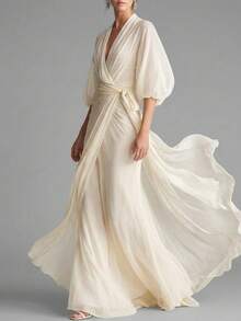 Vestido largo francés liso de corte holgado, estilo elegante y refinado, nueva colección primavera 2026 estilo europeo americano. - Blanco - Ver 2