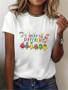 Camiseta de manga corta casual de verano para mujer "Está bien ser diferente" con estampado de vegetales y arcoíris, ropa casual diaria, ligera y transpirable, top casual para mujer. |         Tops de Verano para Mujer - Blanco - Ver 1