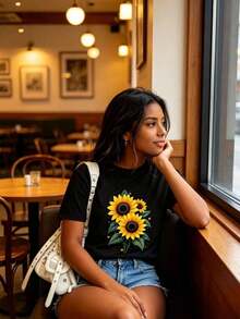 Camiseta negra para mujer con vibrantes girasoles y adecuada para otros términos de búsqueda mencionados - Blusa casual de manga corta con cuello redondo para verano, ligera, cómoda y con estampado floral. - Negro - Ver 4