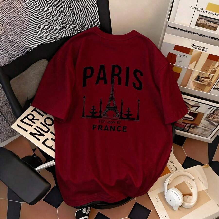 Camiseta de Mujer Oversize con Estampado Gráfico Retro de la Torre Eiffel de París, Diseño de Paisaje Urbano Francés, Uso Diario Casual, Corte Holgado, Lavable a Máquina, Elegante Top para Mujer | Top Casual para Uso Diario - Burdeos - Ver 1