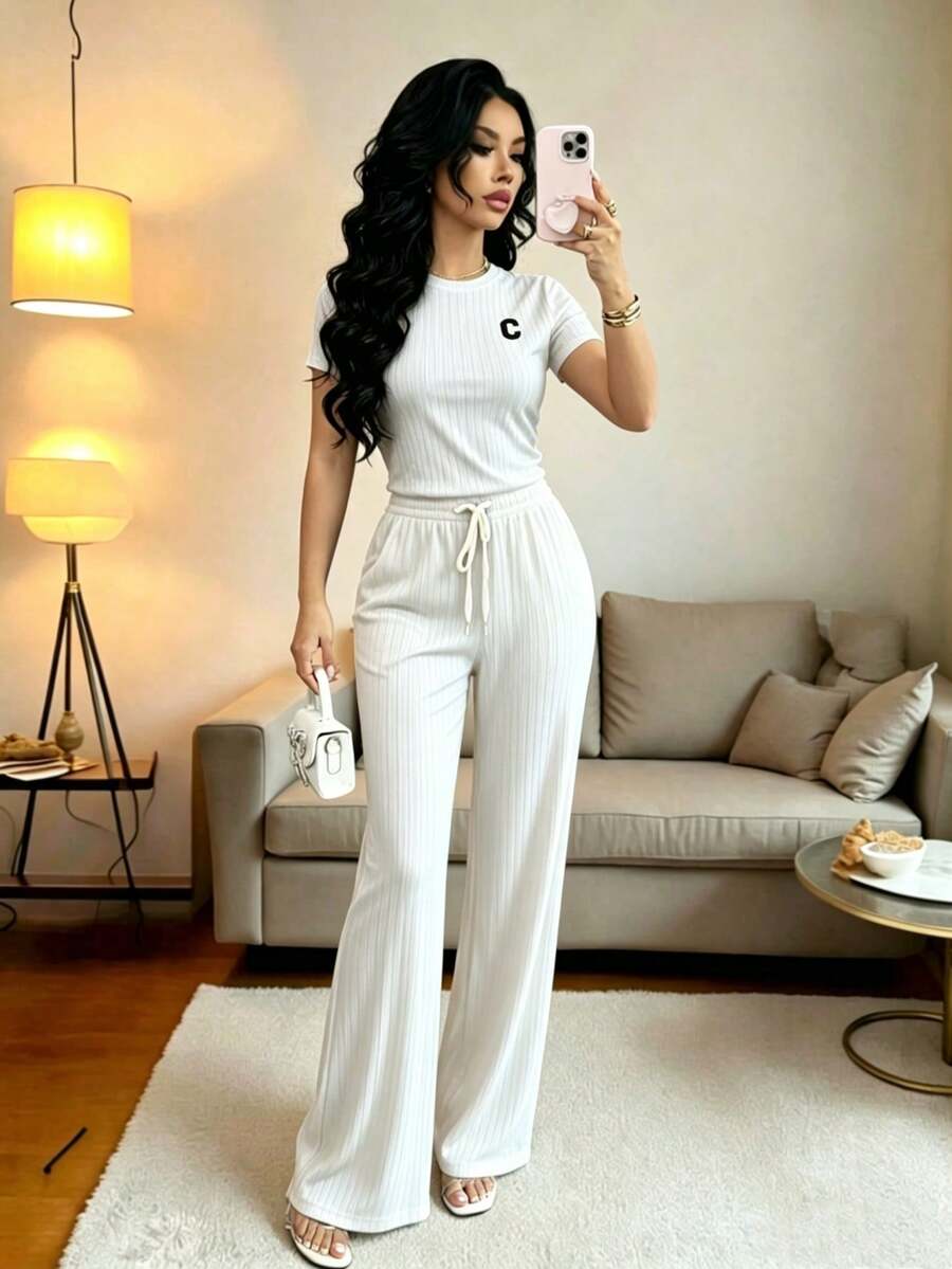 el mejor regalo para el Día de la Madre:Conjunto deportivo de mujer con top corto de manga corta y pantalones acampanados con cintura anudada, para primavera/otoño - Blanco - Ver 1