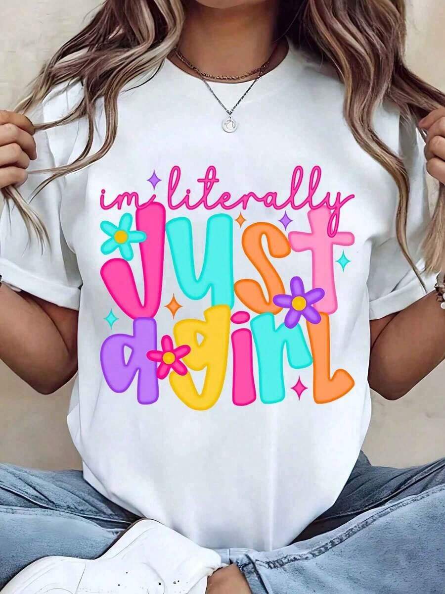 Camia de Mujer Colorida con Estampado 'Just A Girl', Cuello Redondo, Casual, Verano, Regalo, 220g, Transpirable y Cómoda - Blanco - Ver 1
