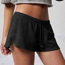 Mid Rise Drawstring Waist Textured Waffle Knit Lounge Short Spring, Summer, Festival, Stagecoach, Coachella, Boho, Cute, Casual, Country Concert Outfit, Nashville, Rodeo, Western Wear For Women, Vacation, Beach, 4th Of July Outfit - Verde Oscuro - Ver 10