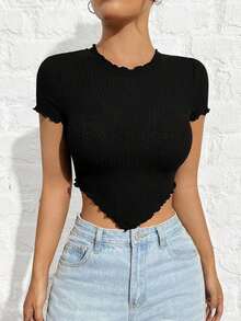 Camiseta Negra De Punto Ajustada Para Mujer - Negro - Ver 1