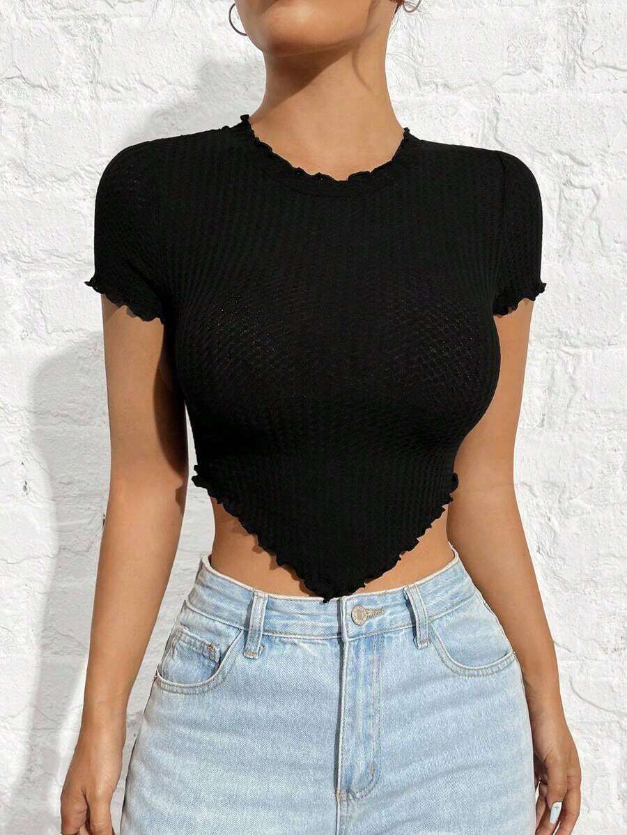Camiseta Negra De Punto Ajustada Para Mujer - Negro - Ver 1