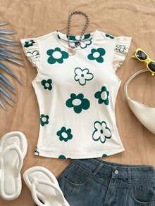 Camiseta casual de mujer con cuello redondo, mangas de volantes y estampado floral, blusas florales para mujer, blusas con mangas de volantes, para salir, blusas de manga corta lindas - Multicolor 2 - Ver 3