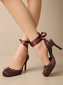 Nuevos zapatos de tacón alto con estilo de ballet y suela roja, con tirantes de lazo francés, para mujer, ideales para la primavera temprana - Marrón - Ver 9