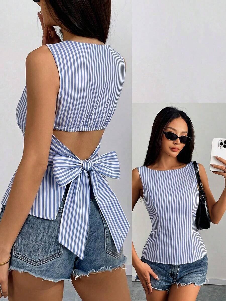 Camisa sin mangas con lazo en la espalda de unicolor, elegante, casual, sexy y minimalista para uso en la oficina y negocios para mujeres, primavera/verano - Azul y blanco - Ver 1