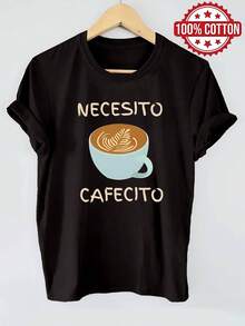Camiseta 100% Pura Estampada con la Frase 'NECESITO CAFECITO' y un Diseño de Café Latte Art, Perfecta para Ropa Casual de Verano para Mujer, Cómoda y Transpirable - Negro - Ver 2