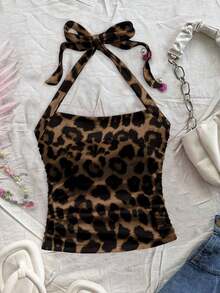 Top sin mangas ajustado de Body entero con estampado completo de leopardo, adecuado para el verano - Multicolor 3 - Ver 4