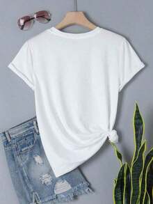 1 pcsINAWLY Camiseta de mujer para el verano, de cuello redondo, manga corta, con estampado de mariposa, informal y holgada180g 100% Cotton soft - Blanco - Ver 2