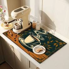 1pc Vintage Cartoon Hand-Painted Coffee Cup & Coffee Bean Pattern Dish Drying Mat, Dark Green Background With Golden Floral Texture, Suitable For Dining Table, Cafe, Multipurpose Drainage Mat, Home Gift, Desktop Decor - XYLSD-340 - View 3