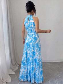Vestido elegante y romántico con estampado floral, corte evasé y escote halter sin mangas para mujer - Multicolor 4 - Ver 2