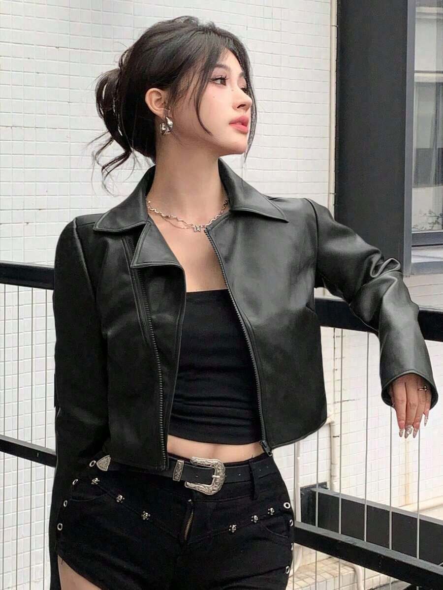 Chaqueta corta de PU casual y holgada para mujer, estilo callejero para otoño e invierno, ropa de mujer de otoño - Negro - Ver 1