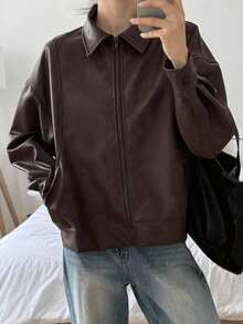 de cuero casual suelta con cremallera en la solapa, chaqueta exterior de manga larga - Marrón - Ver 6