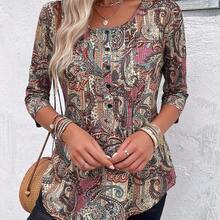 Women's Casual Elegant Paisley Print Round Neck 3/4 Sleeve T-Shirt, Autumn - Verde militar - Ver 4