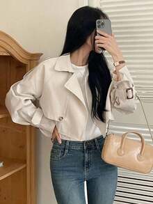 Abrigo casual de trinchera de unicolor con botones delanteros y manga larga, ropa de otoño para mujer - Albaricoque - Ver 4