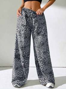Pantalones con cordón de mujer con estampado de leopardo blanco - Gris - Ver 4