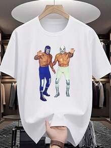 Tienda Local, Camisas de Hombre, Ropa de Hombre, Camisetas Hombre, Camisa de Hombre, Camiseta Lucha Libre 180G Blanca y Negra, Estampado de Luchador, Impresión de Alta Calidad, Cuello Redondo, Corte Holgado Básico, Hombres y Mujeres, Transpirable, Versátil, Lavable a Máquina, Cómoda, Tallas S ~ 3XL, Uso Diario, Casual, Deportiva, Esencial el Verano. - Blanco - Ver 1