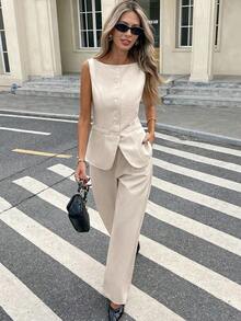 Set de 2 piezas de traje casual de mujer con chaleco de un solo botonadura y pantalones de unicolor - Albaricoque - Ver 7