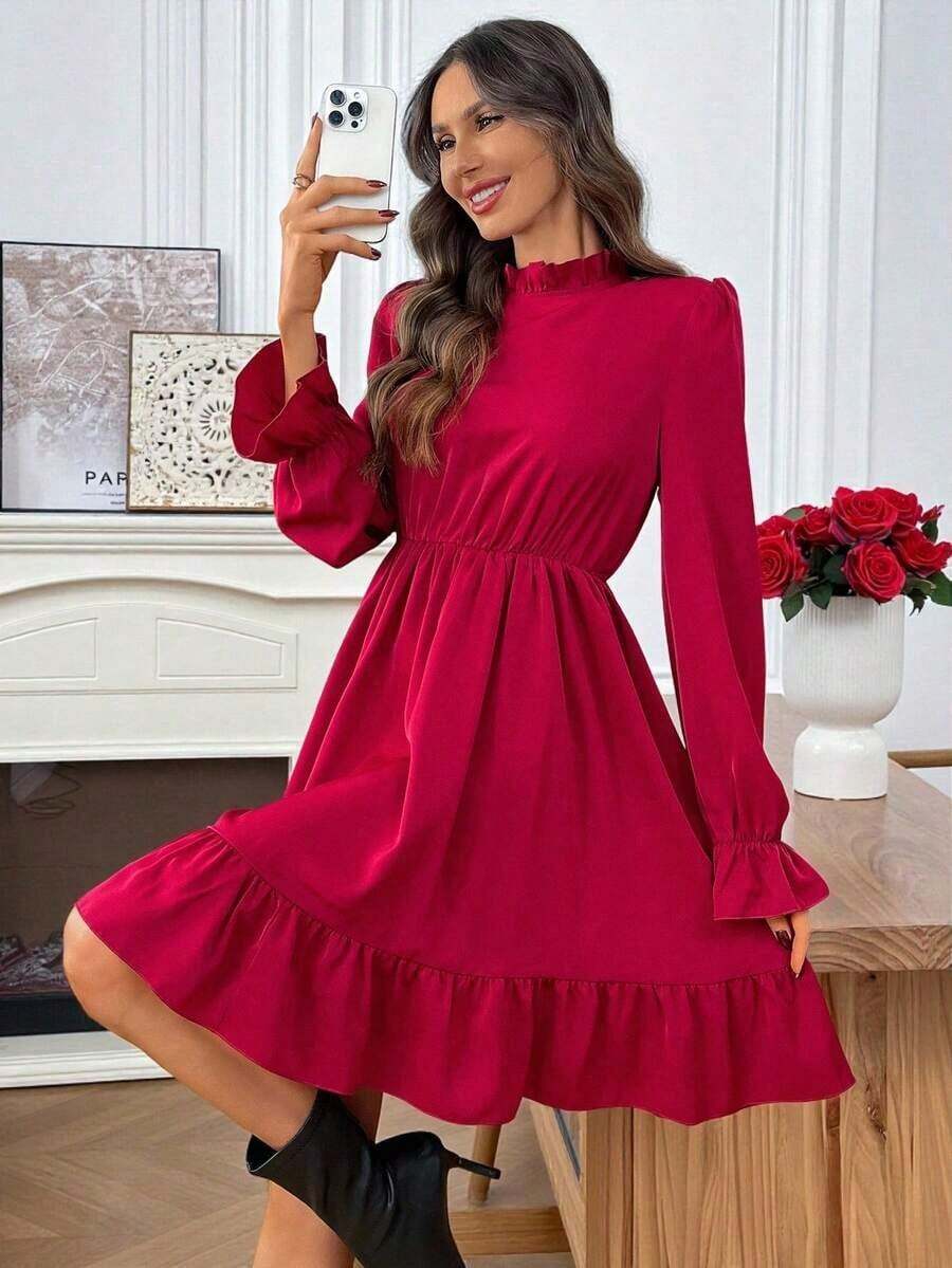 Vestido corto casual de manga larga con cuello alto y estampado floral para mujer - Rojo - Ver 1
