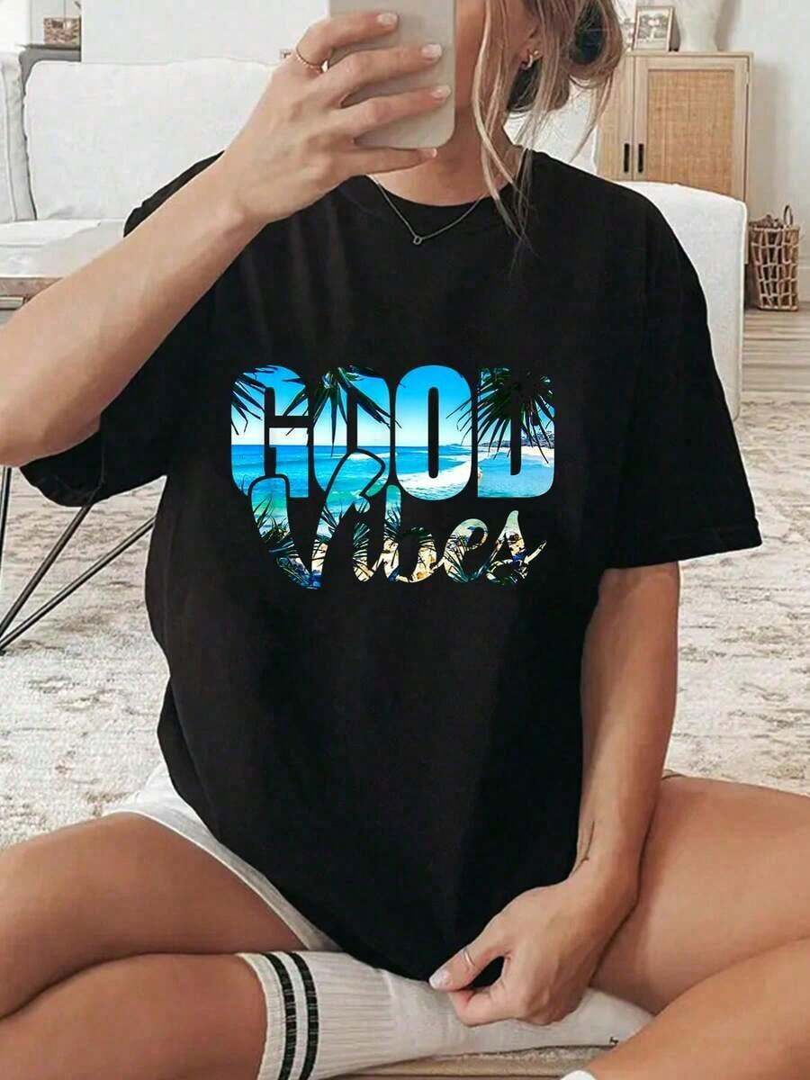 Camiseta Vintage 100% Algodón con Estampado Positivo de Playa, Camiseta Gráfica para Mujer, Camiseta de Algodón de Manga Corta, Top Casual de Verano, Camisetas de Moda para Mujer - Negro - Ver 1