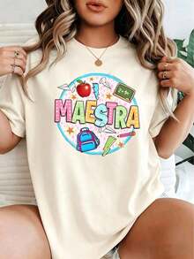 Short-Sleeve Graphic Tees Colorful Print With The Word TEACHER Surrounded By Apple, Chalkboard, Backpack, Pencil, Stars And Learning Symbols That Celebrate Educational Dedication. Women's T-Shirt, 100% Cotton, Comfortable And Creative. - 杏 - 查看 6