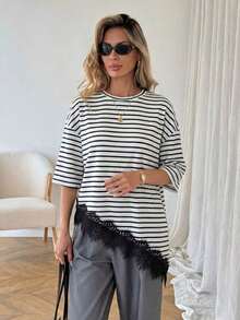 Camiseta casual de mujer con dobladillo asimétrico de encaje de unicolor, uso básico diario, blusa casual de primavera/verano para vacaciones de mujer, vacaciones de verano para mujer, primavera para mujer, vacaciones de primavera, top para ir - Blanco y Negro 3 - Ver 5