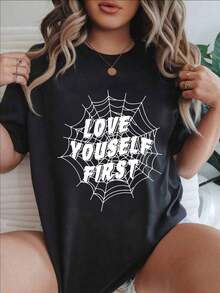 Camiseta Casual de Moda para Mujer con Estampado de Telaraña "Vintage Love Yourself First", Adecuada para Todas las Temporadas  
 -WhiteFashion - Negro - Ver 7