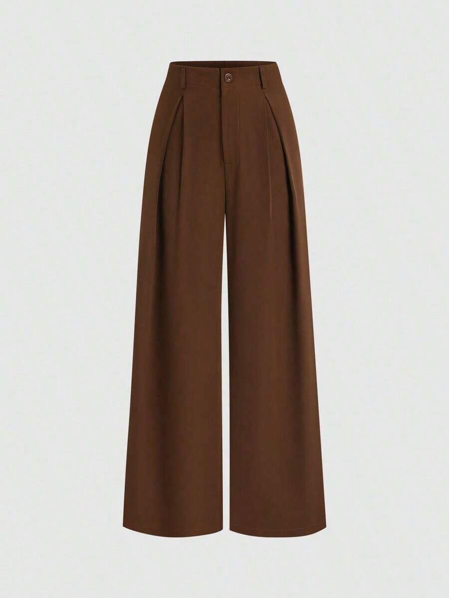 Pantalones anchos plegados con estampado jacquard elegante vintage para mujer, otoño/invierno - Marrón - Ver 1