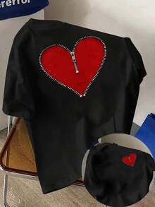 Plus Size Women's Short Sleeve T-Shirts, Ideal For Summer, Basic Everyday Tops, Short Sleeve T-Shirt With Front And Back Panels - Front Closure With Heart Design, Fashionable Print - Spring/Summer Printed T-Shirt For Women, Fashionable Item, Breathable And Comfortable. - 黑色 - 查看 1