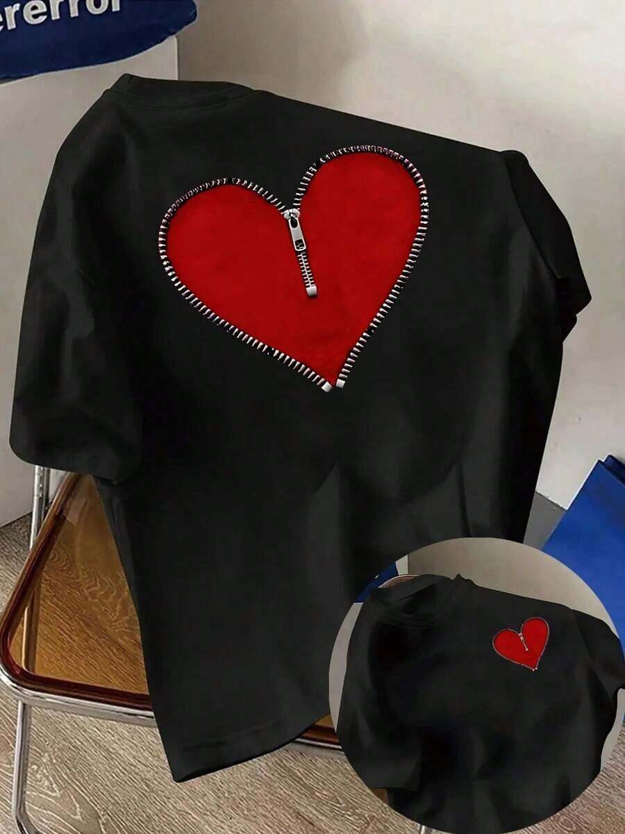 Plus Size Women's Short Sleeve T-Shirts, Ideal For Summer, Basic Everyday Tops, Short Sleeve T-Shirt With Front And Back Panels - Front Closure With Heart Design, Fashionable Print - Spring/Summer Printed T-Shirt For Women, Fashionable Item, Breathable And Comfortable. - 黑色 - 查看 1