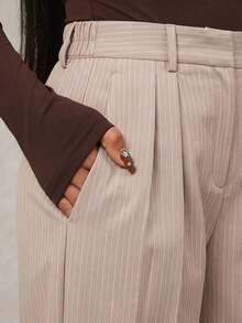 Pantalones anchos de pierna ancha de color café oscuro de moda minimalista para mujeres, pantalones de tela marrón de pierna ancha para el trabajo, pantalones de tiro alto de pierna ancha marrón para mujeres, pantalones de traje marrón para otoño/invierno - Rosa - Ver 5