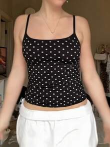 Top de tirantes con cuello cuadrado y estampado de lunares para mujer - Negro - Ver 2