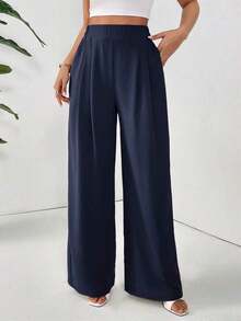 Pantalones holgados básicos casuales de cintura alta de unicolor, plisados y de pierna ancha para mujer - Azul marino - Ver 5