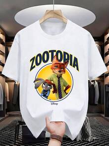 Unisex Disney Zootopia Varsity Tee, Retro Print, Casual Fit - 白色 - 查看 2