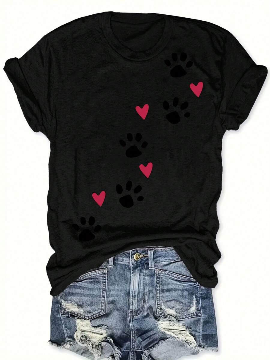 1 pieza de camiseta casual de mujer con cuello redondo, con estampados de patas y corazones, hecha de tejido de punto de poliéster, de longitud regular, top de verano. - Negro - Ver 1