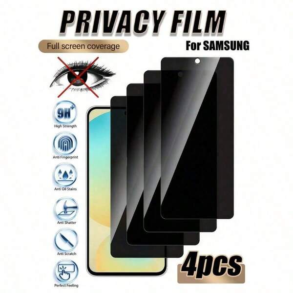 Bộ 4 miếng dán màn hình cường lực tương thích với Samsung Galaxy S25 S24 S23 FE A03 A04 A05 A06 A07 A13 A14 A15 A16 A17 A23 A24 A25 A26 A27 A34 A35 A36 A37 A54 A55 A56 A57, chống nhìn trộm, dễ dàng lắp đặt không bọt khí, chống trầy xước, bảo vệ sự riêng tư của điện thoại.