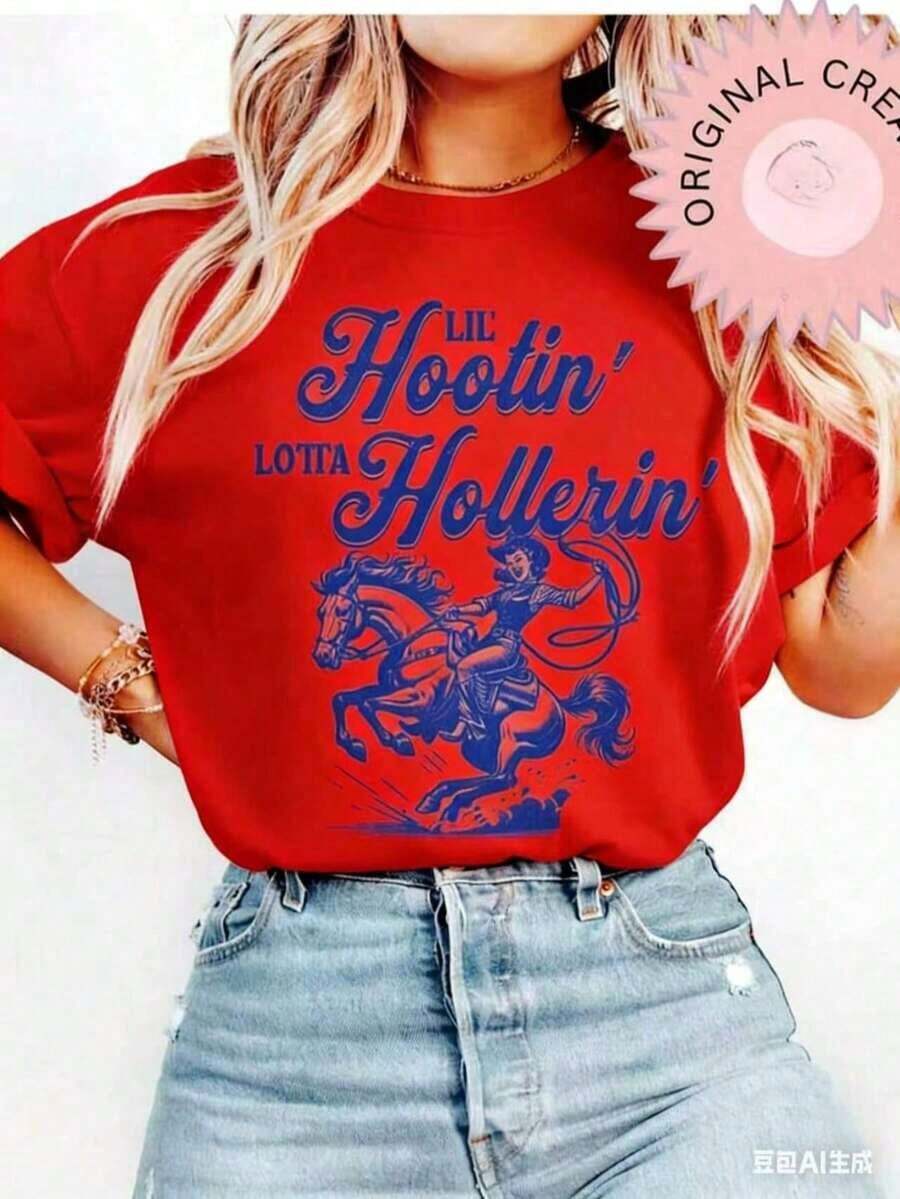 Oversized Short Sleeve T-Shirt With Vintage Cowboy Graphics, Retro Style, Washed © Cowboy T-Shirt, Western Style T-Shirt, Gift For Country Girl, 100% Cotton, Oversized Short Sleeve T-Shirt, Classic, Thick Cotton, With Graphic Print, Casual Short Sleeve T-Shirt For Women, New Stylish T-Shirt, 100% Cotton. - 紅色 - 查看 1